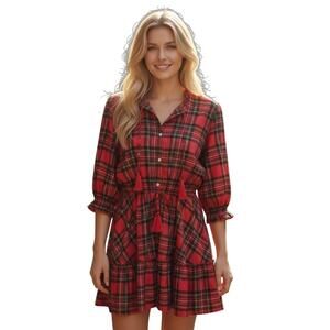 Simply Southern Red Plaid Tie Waist Long Sleeve Dress Holiday Christmas size M